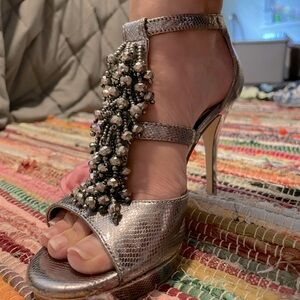 Open toed silver beaded high heels. Size 6